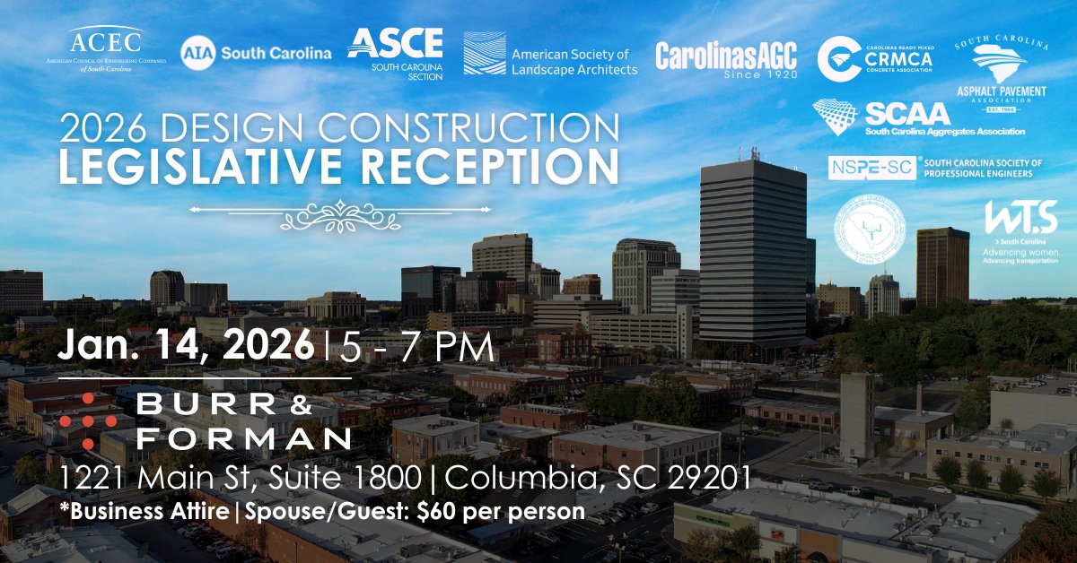 Members of the Design Construction Partnership invite all honorable members of the SC General Assembly, Governor, Constitutional Officers, and groups' members to this special Legislative Reception. No charge for members, so rsvp clicking on this link: surveymonkey.com/r/DCPlegrecept…