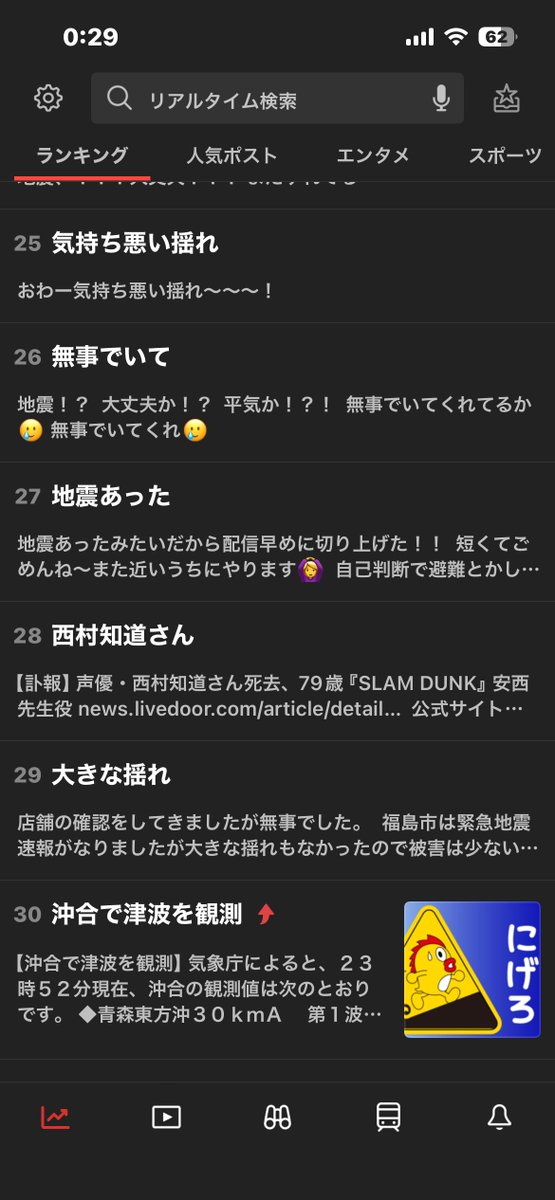 12/9 0:30現在

なんとYahooリアルタイム検索が100位までの99件が地震関係🫨