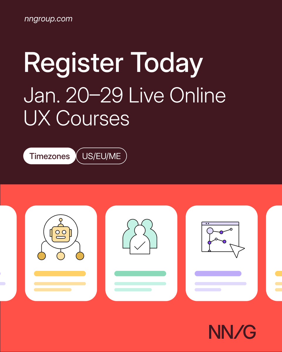 NNgroup's tweet image. New year, new skills. 32 live online UX courses running January 20–29. 

From AI integration to service blueprinting, find your course: bit.ly/3MdmRsO

#UX #ProfessionalDevelopment