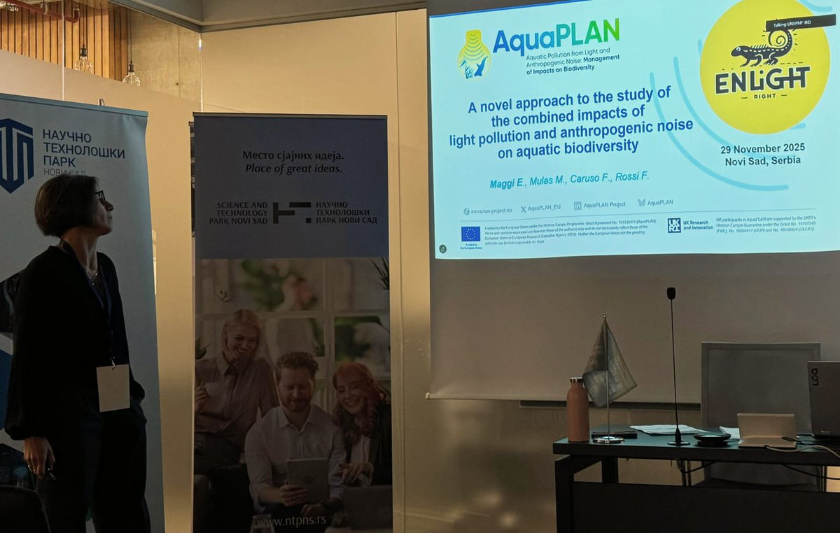 AquaPLAN at ENLIGHT Conference in Novi Sad🌃
Our coordinator <a href="/elenamaggi75/">Elena Maggi</a> highlighted how light &amp; noise pollution interact in aquatic ecosystems, calling for integrated strategies to protect biodiversity💡🔊🏞️
Learn more👉aquaplan-project.eu/enlight-confer…