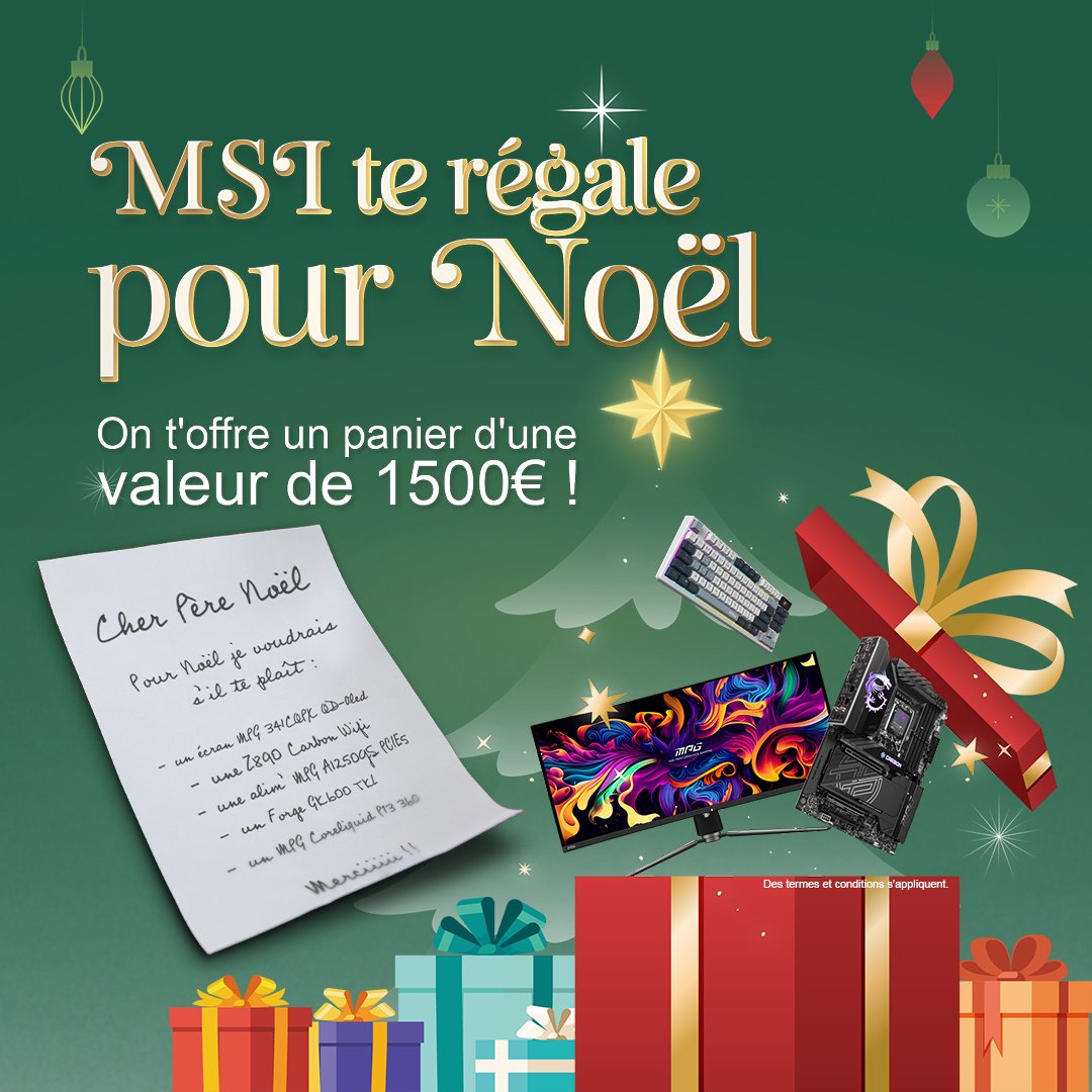 msifrance's tweet image. CONCOURS - MSI TE REGALE ! 🎁
On joue au Père Noel et on offre à l'un d'entre vous son panier d'une valeur de 1500€ ! 

1⃣ Visite msi.gm/MSITeRegale et remplis ton panier
2⃣ Screenshot le et partage le sous ce post avec le #MSITEREGALE 
3⃣ Follow @msifrance et RT