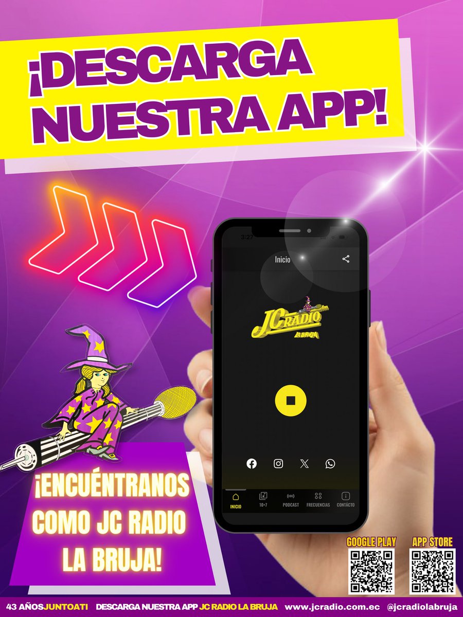 jcradiolabruja's tweet image. Lleva a JC Radio La Bruja a todas partes con nuestra app 😈🧹 Música, locutores y la radio del Ecuador 24/7 en tu cel. Búscanos como “JC Radio La Bruja” en App Store y Google Play. ¡Es gratis! ¿Desde qué ciudad nos escuchas? 👇 #appradio #jcrafiolabruja