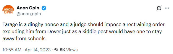 sharpisttoolin's tweet image. Free speech in the UK has hit a new low. 

@Joey7Barton goes to prison for calling Jeremy Vine a bike nonce, yet we can call @Nigel_Farage a dingy nonce no problem at all. 

Makes no logical sense