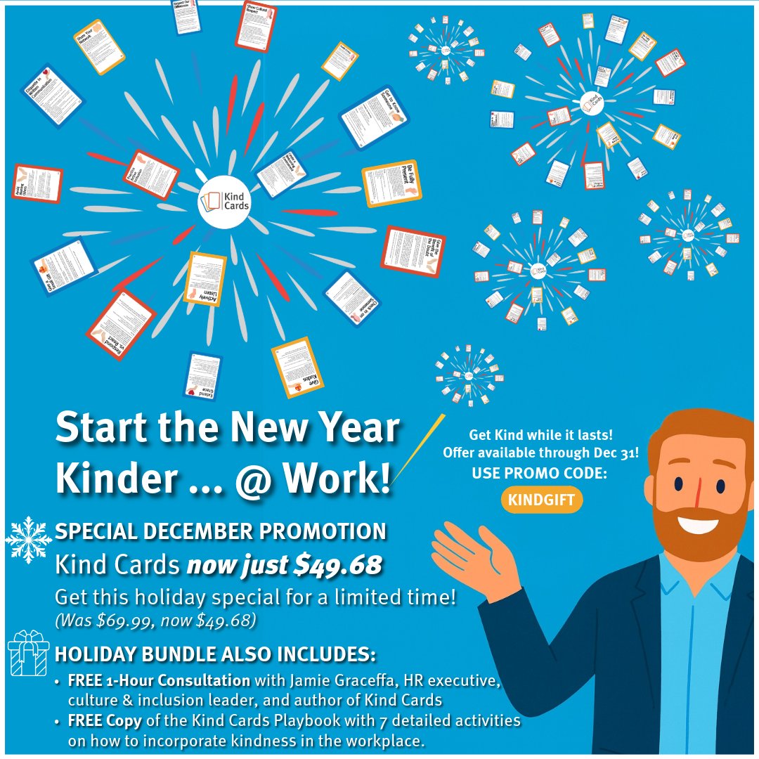 Start the New Year Kinder … @ Work with our special year-end offer:  𝐊𝐢𝐧𝐝 𝐂𝐚𝐫𝐝𝐬 𝐧𝐨𝐰 $𝟒𝟗.𝟔𝟖, a 𝐅𝐫𝐞𝐞 1-hour session with creator Jamie &amp; a 𝐅𝐫𝐞𝐞 Kind Cards Playbook!  Offer available through 12/31.🎉  getkindcards.com Use promo code: KINDGIFT!