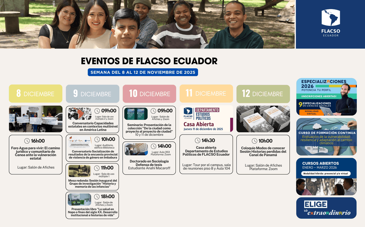 FLACSOec's tweet photo. 🗓🤓 Esta semana en FLACSO Ecuador tenemos varios eventos que no te puedes perder.
Más información: https://t.co/4lSq01Hr7V
#FLACSOEcuador #EventosFLACSO #ComunidadFLACSO #EligeloExtraordinario https://t.co/sUpaqajfIw