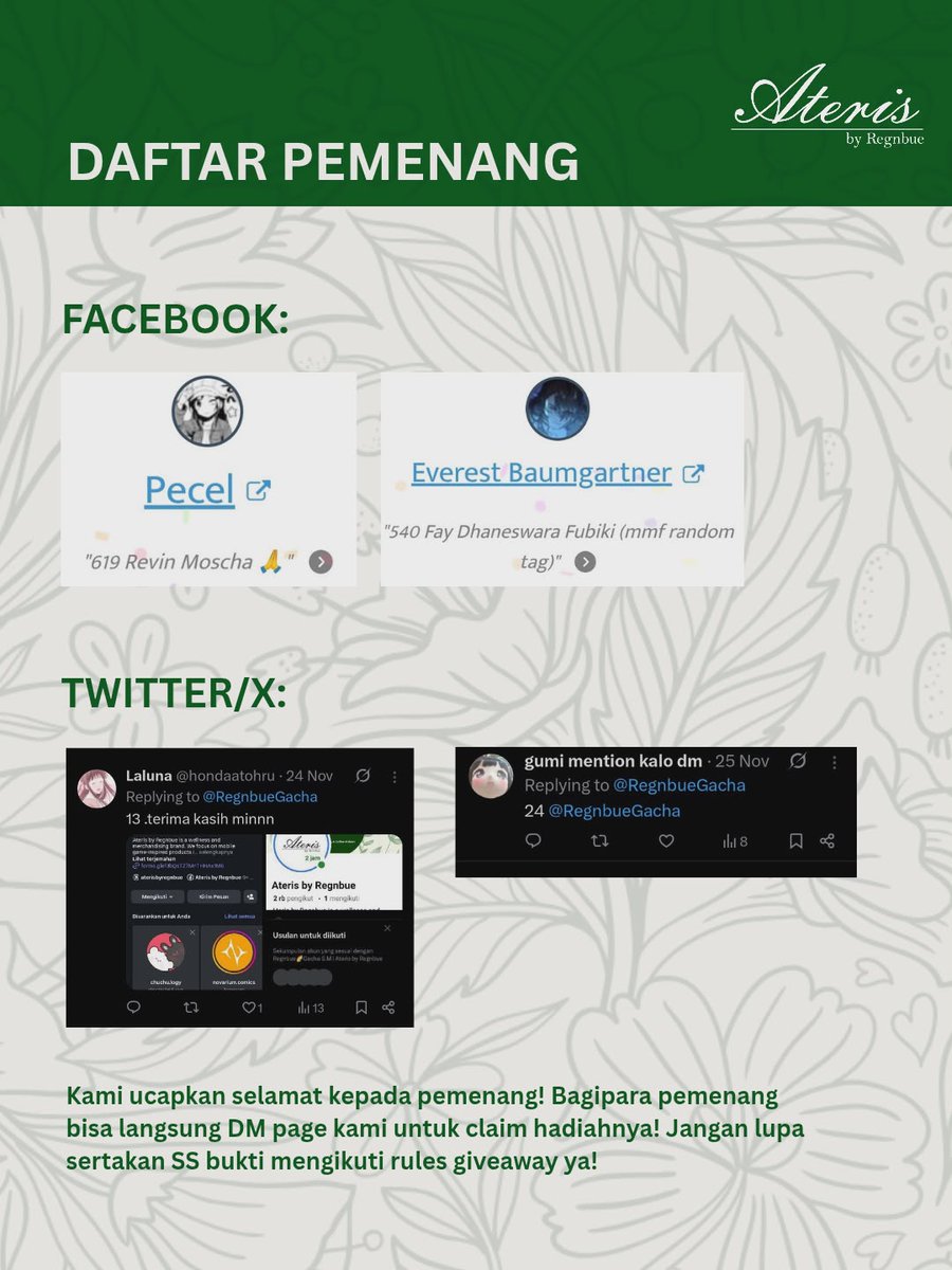 [WINNER ANNOUNCEMENT]

Selamat kepada para pemenang! Dan terimakasih pada partisipan yang sudah mengikuti giveaway kami!

Untuk pemenang bisa langsung DM Regnbue untuk claim hadiahnya ya, jangan lupa ss bukti mengikuti rules GA ya agar hadiah tidak hangus~