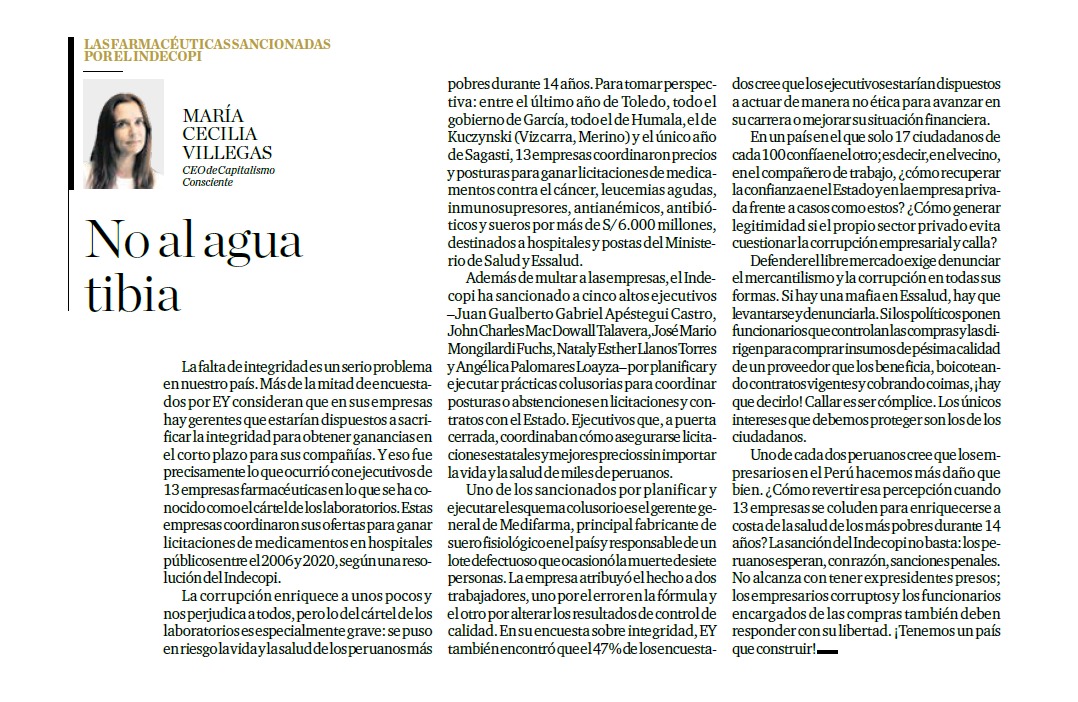 Cómo ciudadanos antes que empresarios, debemos denunciar el mercantilismo, defender la libre competencia y exigir responsabilidad a todos los actores del sistema.

Lee la reciente columna de Ma Cecilia Villegas (<a href="/C_Irreverencias/">MariaCeciliaVillegas</a>) en <a href="/elcomercio_peru/">El Comercio</a>.

#LiderazgoConsciente