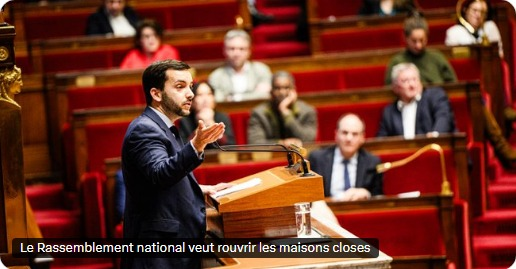 Helenebidard's tweet image. Le RN veut rouvrir les maisons closes ! Quand il s’agit de ramener les femmes près d'un siècle en arrière, surtout les plus précaires ou les étrangères, l’extrême droite déborde d'enthousiasme. Exploitation et violences, un résumé du projet de M. LE PEN, J. BARDELLA et consorts