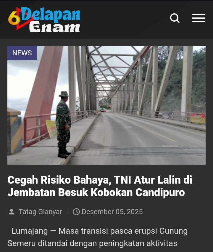 <a href="/PedulirakyatCom/">Warta Cakti - Warta Berita</a> <a href="/bnewsnet/">Bhayangkara News Network 🇲🇨</a> Cegah Risiko Bahaya, TNI Atur Lalin di Jembatan Besuk Kobokan Candipuro
delapanenam.co.id/2025/12/cegah-…