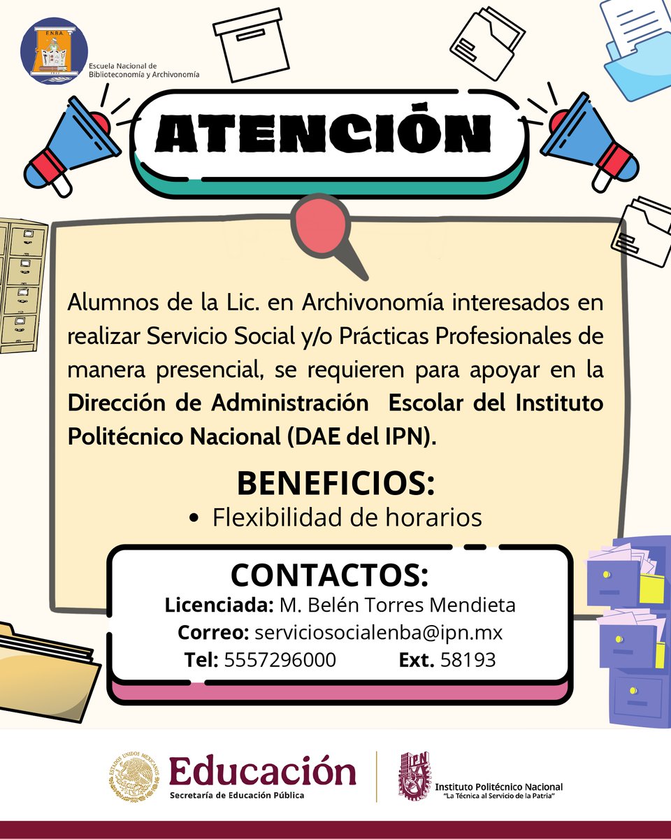 📰La Dirección de Administración Escolar del IPN (DAE) hace una cordial invitación a los alumnos de la Lic. En Archivonomía de la ENBA IPN a participar  realizando su servicio Social  y/o Prácticas Profesionales.
#enbaipn #ServicioSocial #enbaipnalumnos
enba.ipn.mx