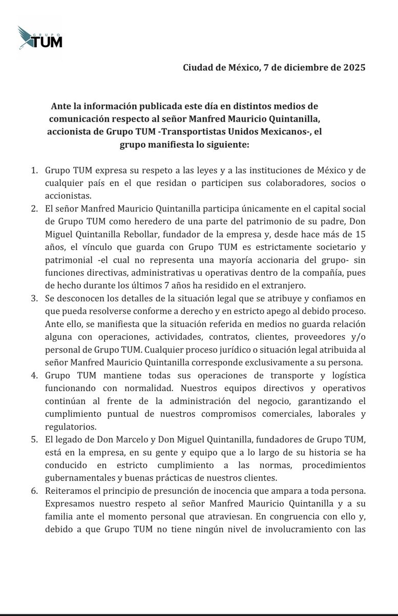 MauricioRoblesC's tweet image. En representación de Grupo TUM, Transportistas Unidos Mexicanos, comparto a la opinión pública el posicionamiento de la empresa, suscrita por el Sr. Miguel Quintanilla Hernández, Director General de Grupo TUM, en relación con las manifestaciones vertidas en los últimos días: