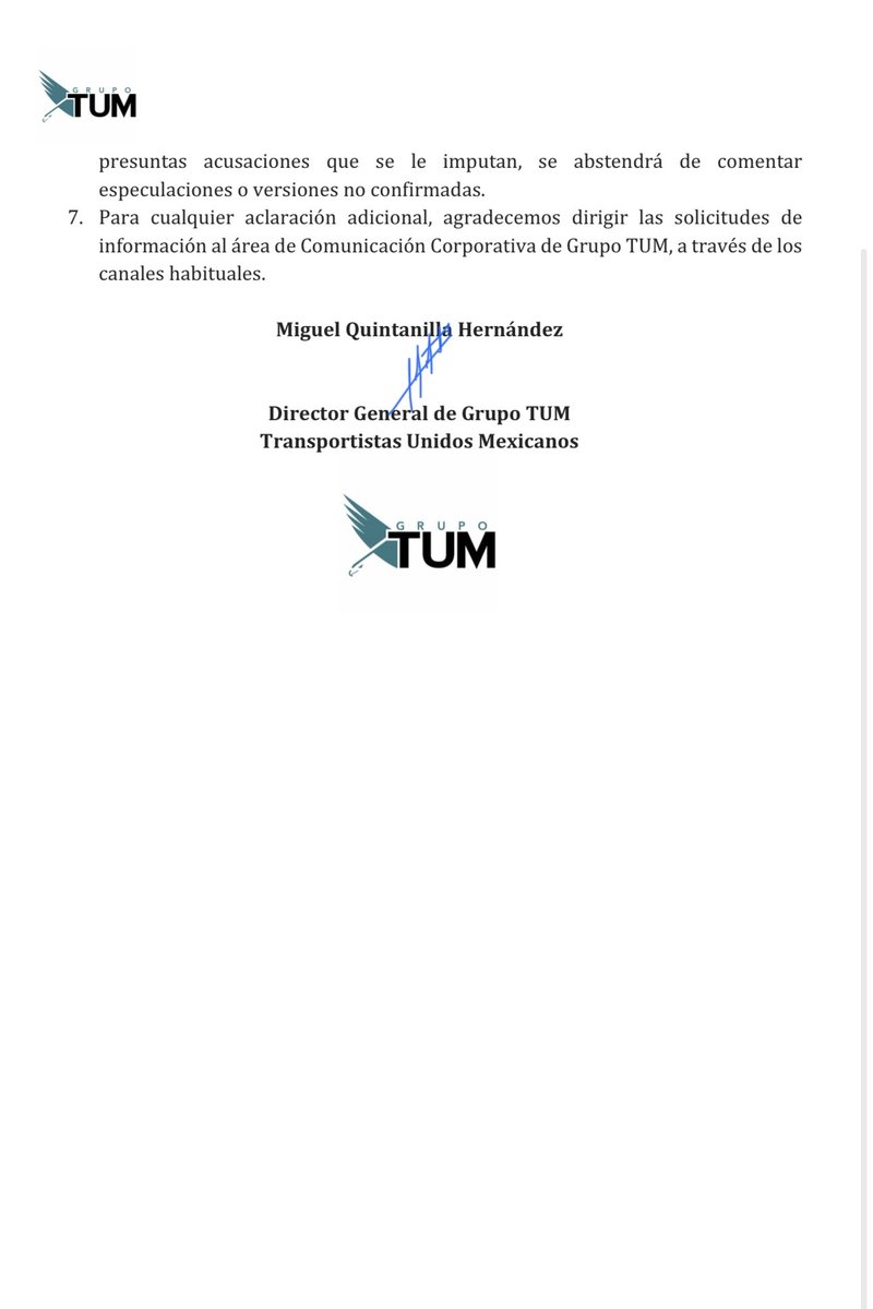 MauricioRoblesC's tweet image. En representación de Grupo TUM, Transportistas Unidos Mexicanos, comparto a la opinión pública el posicionamiento de la empresa, suscrita por el Sr. Miguel Quintanilla Hernández, Director General de Grupo TUM, en relación con las manifestaciones vertidas en los últimos días: