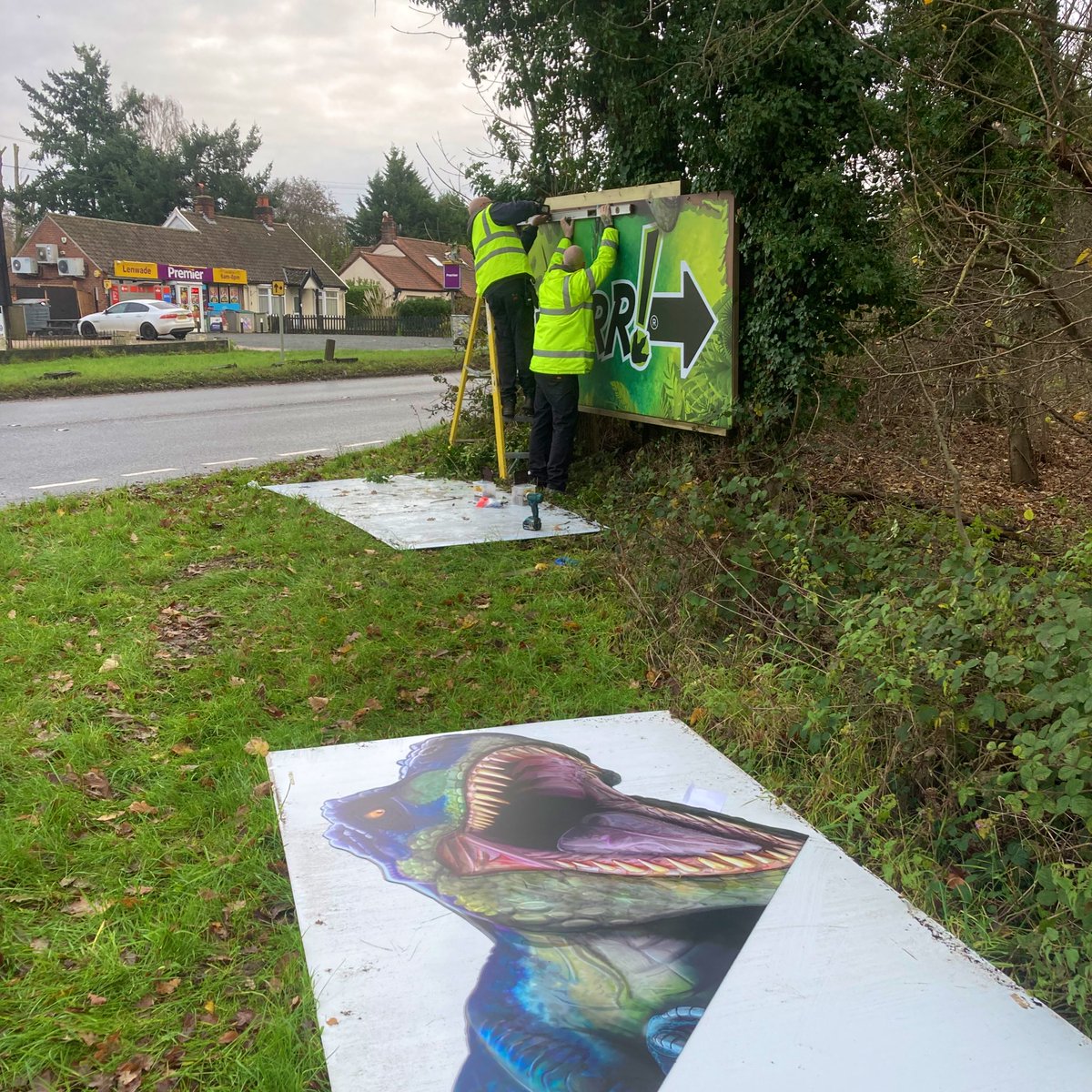 Got 1 of 2 road signs installed today which I designed. I think they turned out nicely! Fun to have a dinosaur I painted printed at life size.