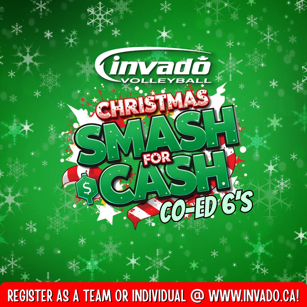 InvadoVB's tweet image. It’s the MOST wonderful time (of the year) to RALLY your reindeer up (or just your teammates) to win BIG MONEY at Invado’s CHRISTMAS SMASH for CA$H Co-ed 6’s Tournament! 🎁💰 

Join us under the mistletoe aka the court on SATURDAY, DECEMBER 13th, for a great day of volleyball,…