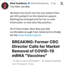 drahmetrasim's tweet photo. CDC' nin eski başkanlarından Redfield Kovid-10 mRNA aşılarının pazardan çekilmesi gerektiğini söylüyor.
Türkçesi: "Aşının ipliği pazara çıktı, pazardan çekin daha fazla insan zarar görmesin"!!! https://t.co/eDRSj77h9g