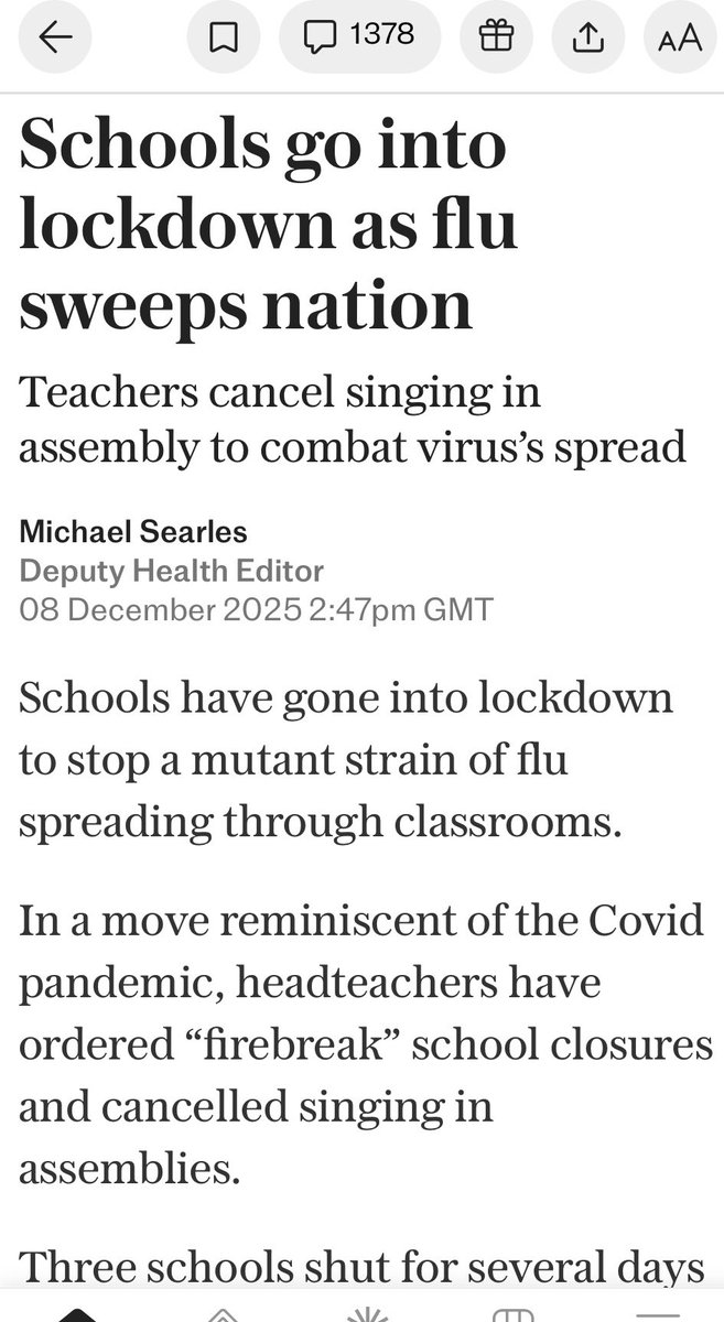 Schools go into lockdown as flu sweeps nation
?!!

This knee jerk use of closing schools is NOT something that should happen. Fear &amp; Covid memory means some are doing this. Insane

No!