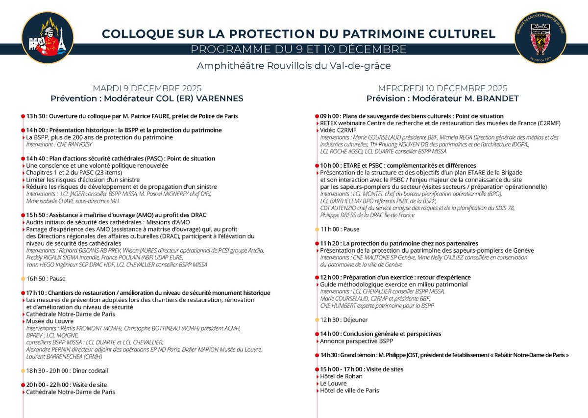 📆 [#SaveTheDate] | Demain et mercredi, la Brigade organise un colloque consacré à la protection du patrimoine culturel, réunissant experts, institutionnels et spécialistes de la prévention des risques.

Au programme figurent notamment :
– l’évolution de l’action de la BSPP dans