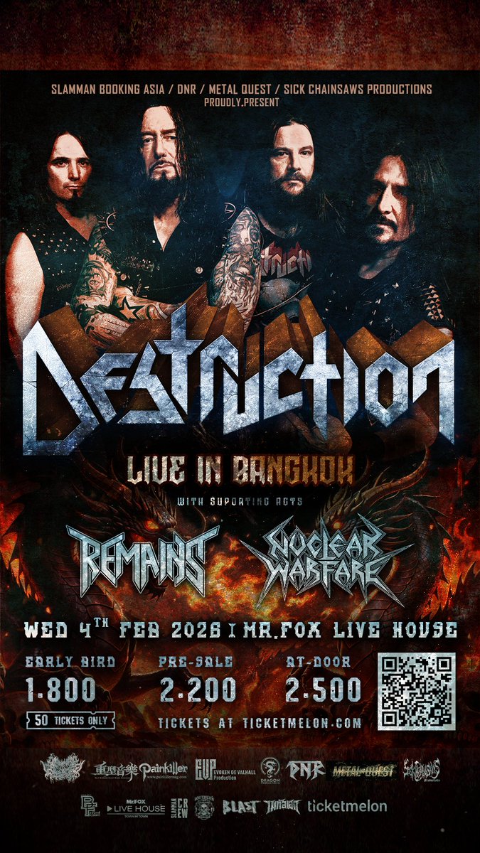 destruction's tweet image. BANGKOK SHOW ANNOUNCED!

We are super happy to confirm our return to Thailand on the 4th of February 2026. See you soon Thai-Metalheads! 🤘😍

Tickets are on sale now: ticketmelon.com