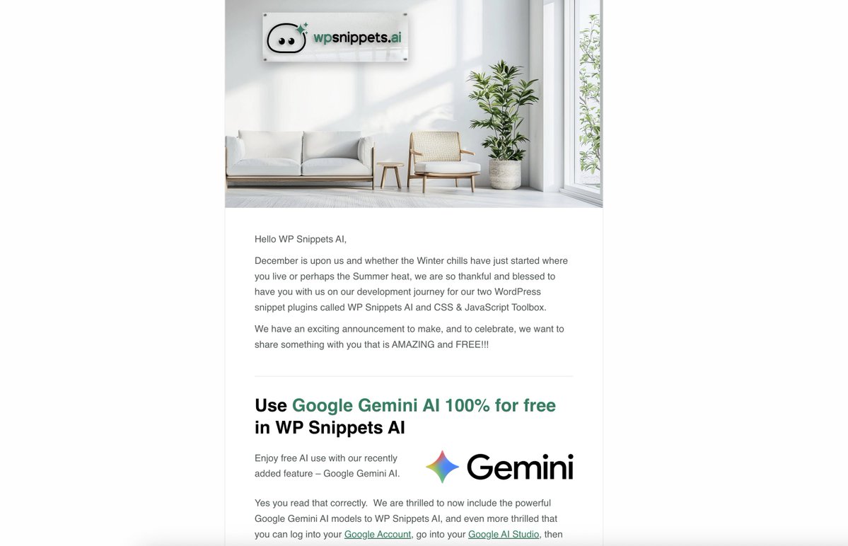 wp_snippets_ai's tweet image. We have just launched our December newsletter where we discuss the latest features we have added to WP Snippets AI plugin for WordPress including: Google Gemini AI with Free AI usage, Claude Opus 4.5 and Haiku 4.5
You can also download our free version and now get automatic…