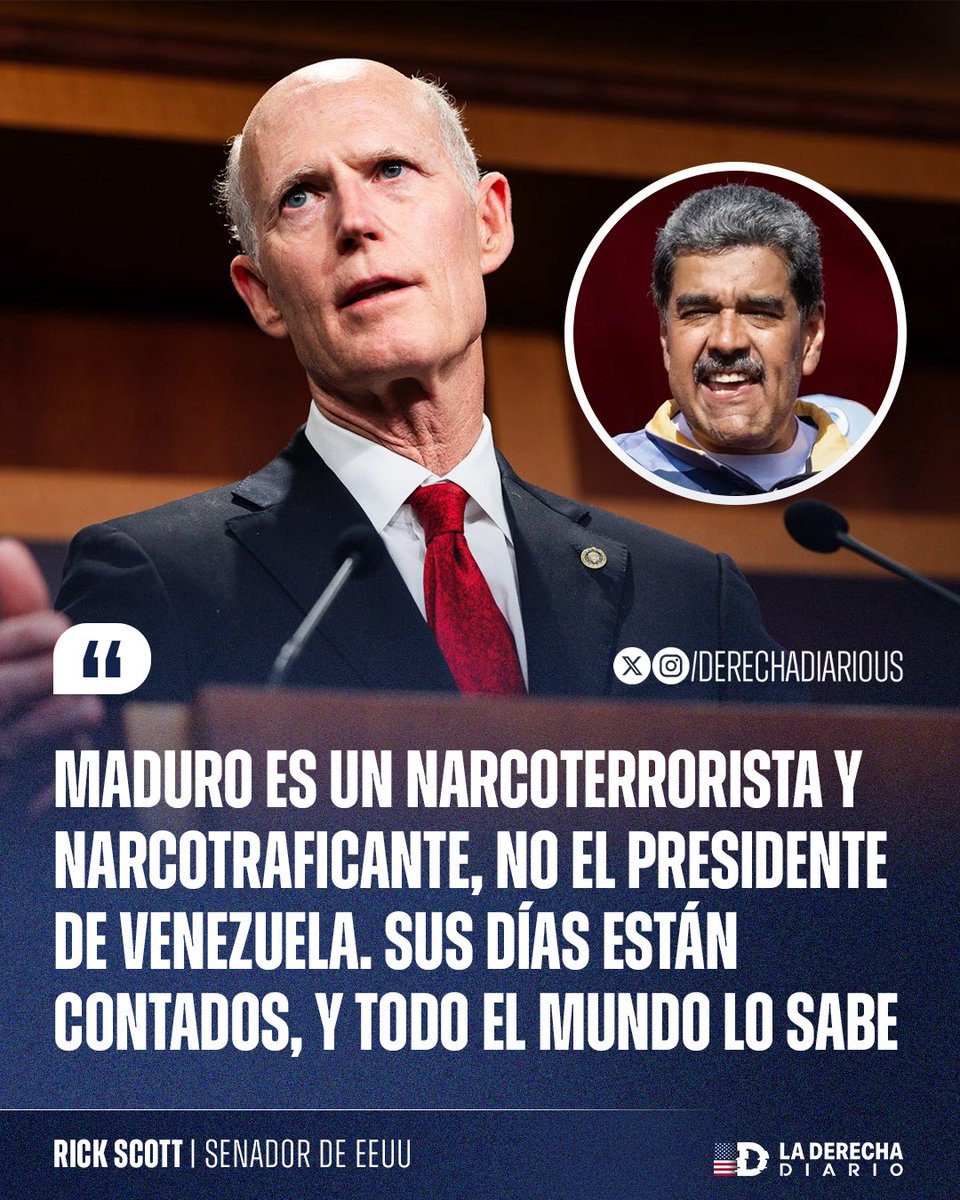 DerechaDiarioUS's tweet image. 🚨🇻🇪🇺🇸 | RICK SCOTT EXPLOTA CONTRA MADURO: El senador republicano fue tajante al hablar del dictador venezolano: “Maduro es un narcoterrorista y narcotraficante, no el presidente de Venezuela. Sus días están contados, y todo el mundo lo sabe”.