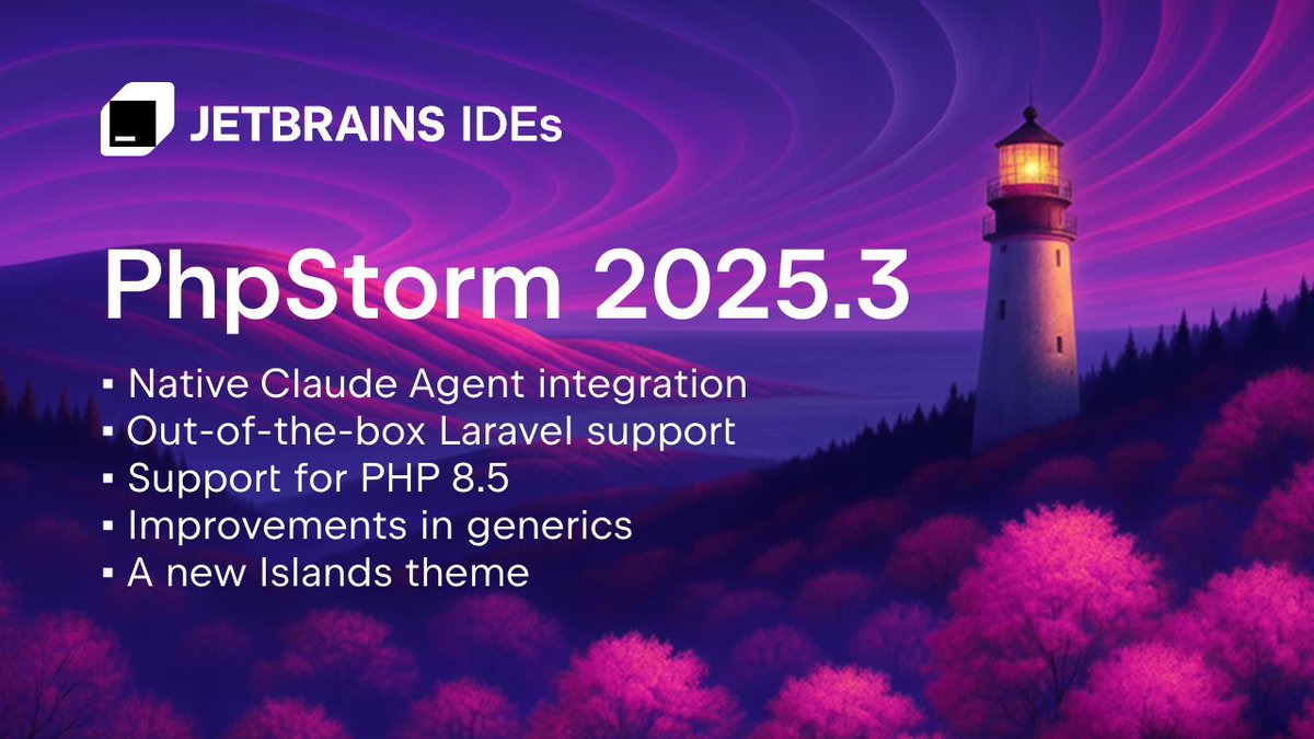 phpstorm's tweet image. PhpStorm 2025.3 is out! 🚀 jb.gg/l011vu 

Check its latest updates that include:
🔹PHP 8.5 support
🔹Laravel out of the box support
🔹Pest 4 support
🔹AI enhancements
And much more!