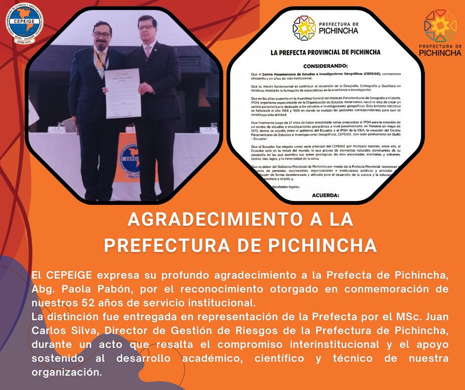 En el marco del  52° Aniversario del CEPEIGE, celebrado el día 27 de noviembre de 2025, compartimos estos agradecimientos emitidos durante la ceremonia correspondiente.

#CEPEIGE #IPGH #lacienciaalserviciodelapaz #rumboalcentenariodelipgh

<a href="/cepeige_ec/">CEPEIGE</a>