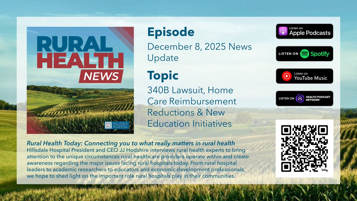 This week in rural health, we're reviewing a 340B lawsuit, home care reimbursement reducations and new education iniatives to help rebuild the rural health workforce. Tune in wherever you get your podcasts or at hillsdalehospital.com/rural-health-t….