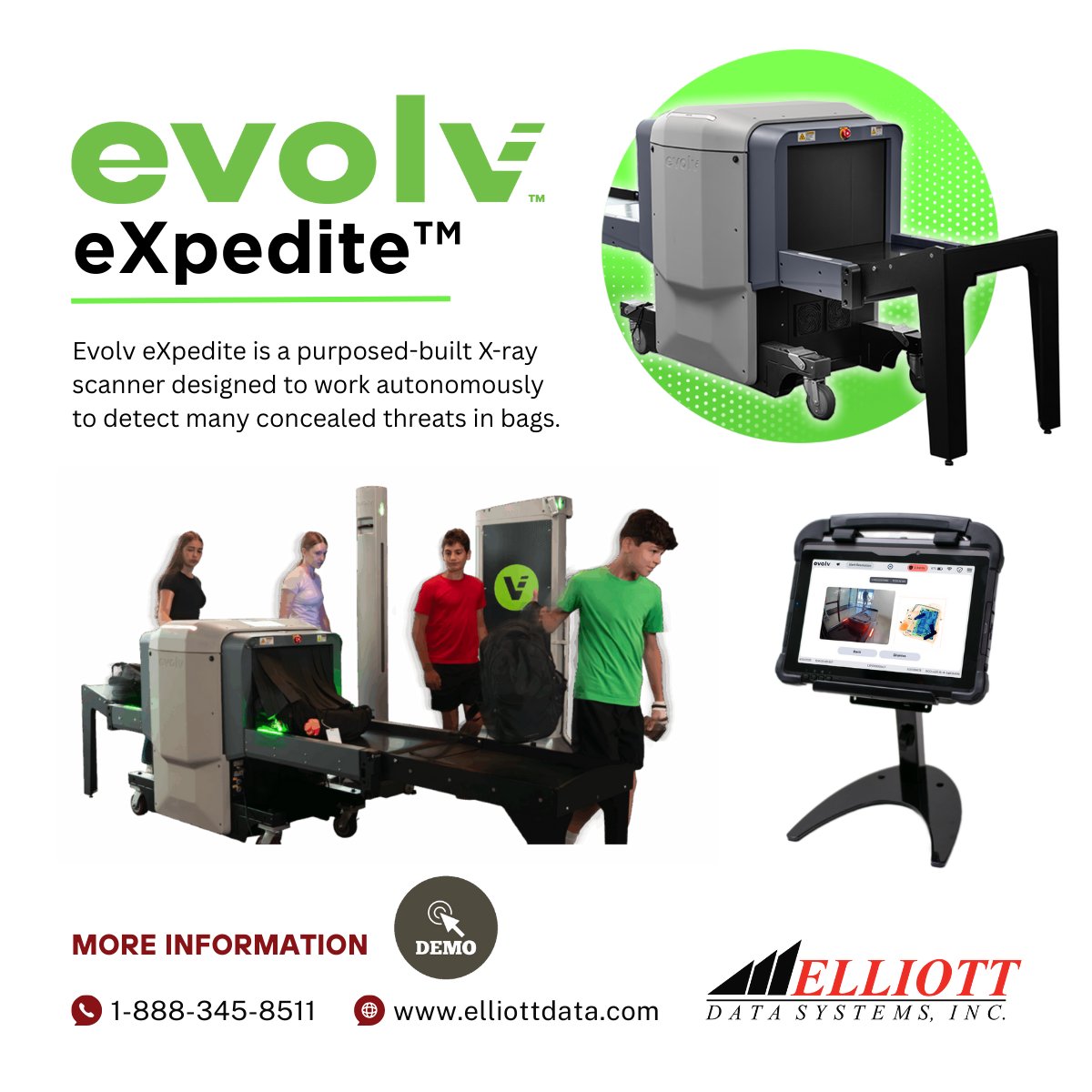 Efficiently screening a high volume of visitors with bags can be challenging. Evolv eXpedite is designed to autonomously scan the bags on the conveyer belt to detect potential threats. Learn more or request a quote elliottdata.com/product-catego…
