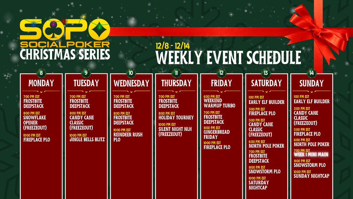 Your holiday grind starts now!

The SOPO Christmas Series is packed with winter favorites, nightly action, and shots at big prizes.

Unwrap the schedule and join the fun. ❄️🎁