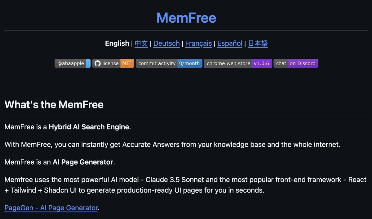 pythonym's tweet image. 🔥 MemFree

It is a Hybrid AI Search Engine.

- With MemFree, you can instantly get Accurate Answers from your knowledge base and the whole internet.

- Memfree uses the most powerful AI model - Claude 3.5 Sonnet and the most popular front-end framework - React + Tailwind +…