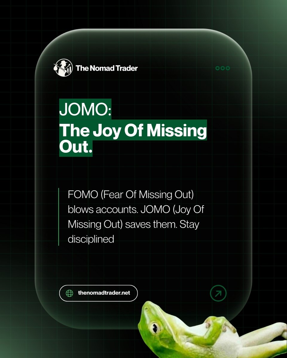 NomadTraderFirm's tweet photo. FOMO blows accounts. JOMO saves them. Stay disciplined, save your account, and trade only the best opportunities.
#JOMO #FOMO #TradingDiscipline #TraderMindset #PropFirm #TradingTips #RiskManagement #TheNomadTrader https://t.co/wOUmR5y5Ic