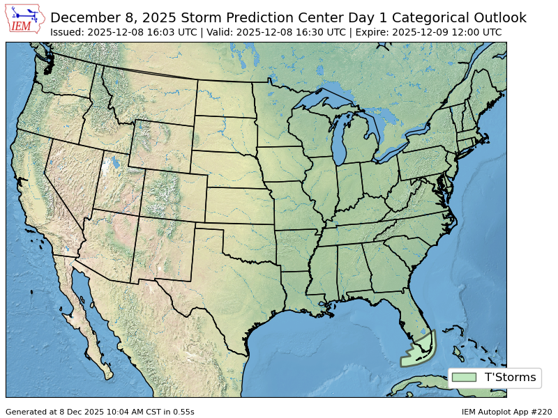 The Storm Prediction Center issues Day 1 Convective Outlook at Dec 8, 16:03z spc.noaa.gov/products/outlo…
