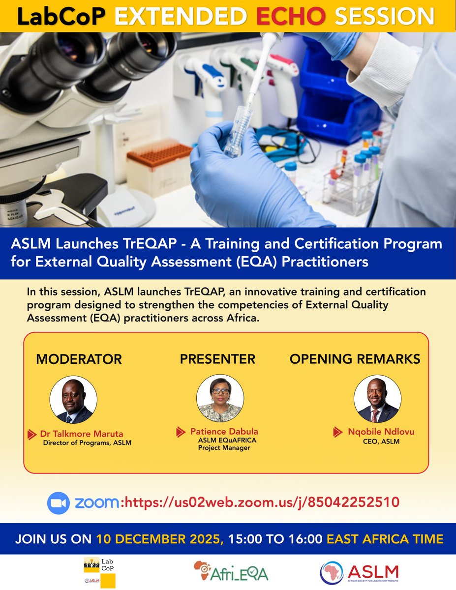 ASLM_News's tweet photo. Don't miss #LabCoP Extended ECHO Session on 10 December! In session, ASLM launches TrEQAP, an innovative training and certification program designed to strengthen the competencies of External Quality Assessment (EQA) practitioners across Africa. Register for the session at https://t.co/70sWzBwNfe