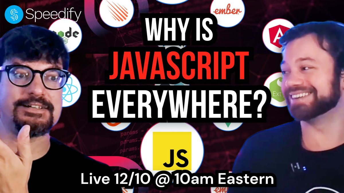 speedify's tweet image. JavaScript is in your apps, your fridge, your toaster......probably in your dreams.
@alexgizis &amp;amp; Will explain WHY this week. Join us 👀 and maybe watch your caffeine at night? 
Follow &amp;amp; Subscribe:  twitch.tv/speedify youtube.com/@speedify 
@JavaScript #javascriptdeveloper