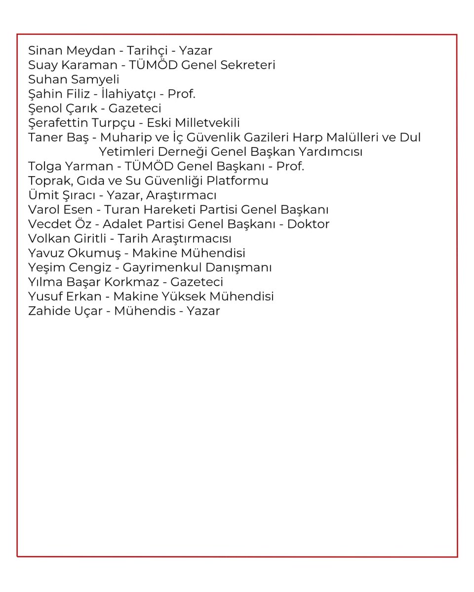 TÜRK MİLLETİ’NİN 27 ARALIK ÇAĞRISINA KATILANLAR

Ahmet Bozdağ - Seslendirme Sanatçısı
Ahmet Yılmaz - Milliyetçi Türkiye Partisi Genel Başkanı
Ali İhsan Gürcihan - Emekli Asker
Alican Türk - Emekli Albay - Sosyolog
Aydın Turan - Tur Rehberi
Ayşenaz Çimen - Avukat
Banu Avar -