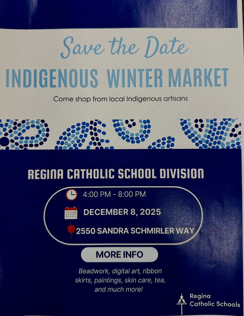 Tonight in #yqr there is a wonderful Indigenous Winter Market from 4-8 PM at the Catholic Education Center by the airport! It’s happening today, December 8th at 2550 Sandra Schmirler Way and hosted by RCSD. This is open to the public and anyone is welcome to come!