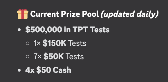 TakeProfitTrader’s 30% OFF + 100% Test Refund sale has been extended.

⚡️ We’re giving away a 50K TPT Test to one follower who comments and retweets this post.

✨ Exclusive with code WISE:
Every TPT purchase earns 1 entry into our TakeProfitTrader Mega Raffle — a $500,000 prize