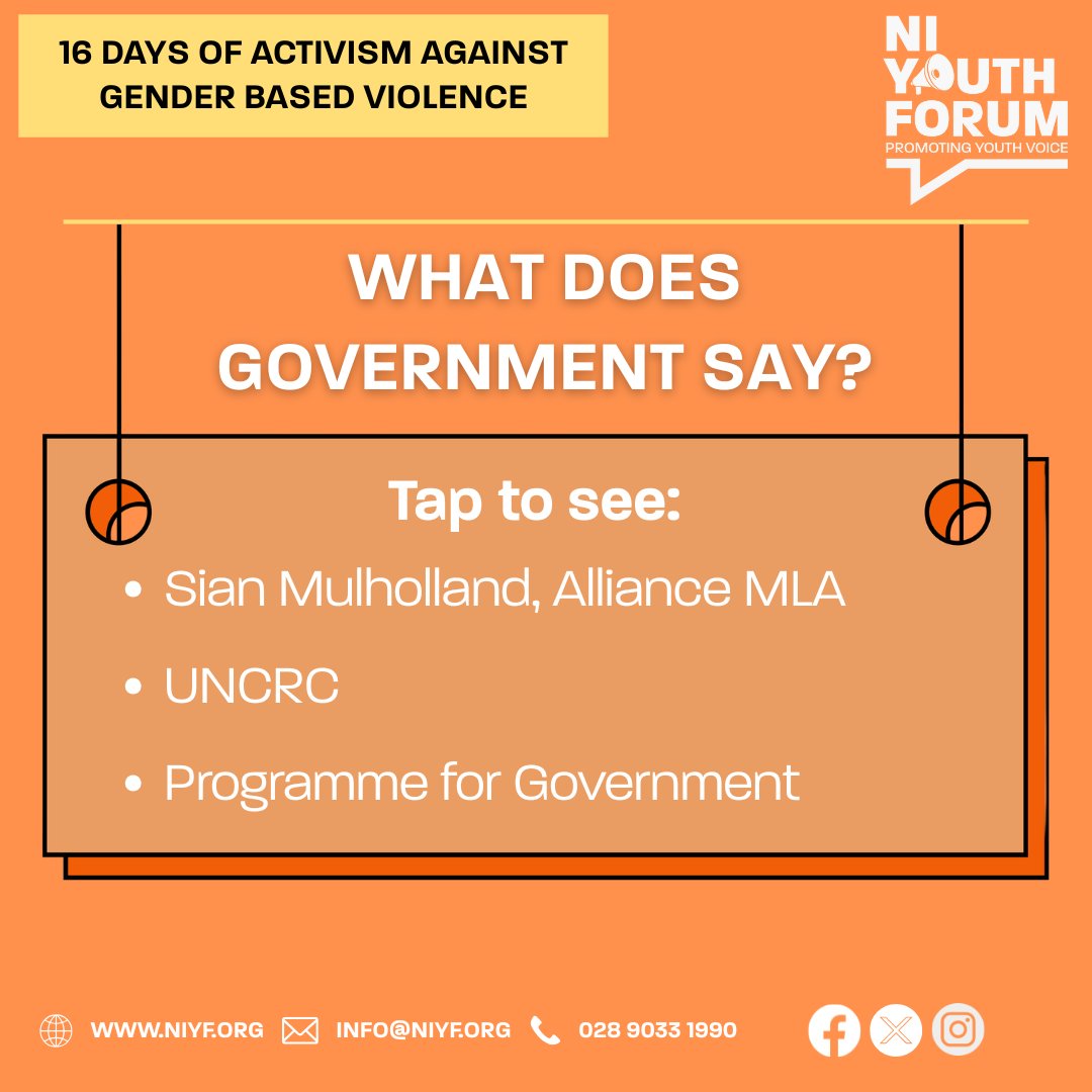 NIYF's tweet photo. 🧡 16 Days of Activism Against Gender-Based Violence 🧡
 
Today we’re looking at what our government says about ending GBV.
 
This post brings together a message from Sian Mulholland Alliance MLA, children’s rights outlined in the UNCRC, and key commitments from the Programme for Government 2024-2027.
 
Together, they show what government has promised and what young people expect to see delivered.
 
Clear commitments. Now they need action.
 
@sianalliance 
 
#NoExcuse #ACTtoEndViolence #WomensRightsAreHumanRights