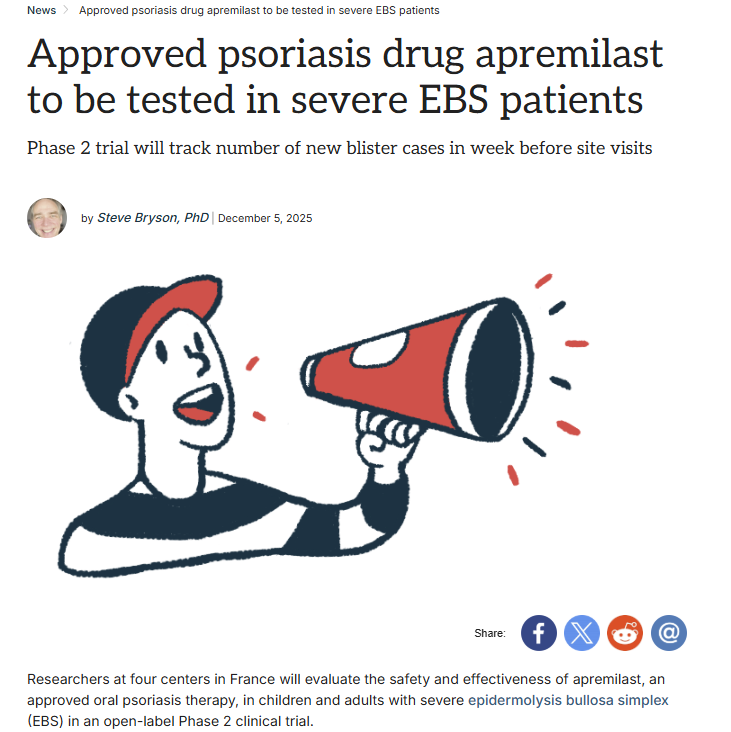 CharityDEBRA's tweet photo. 🔬 The protocol for a clinical trial that we're currently funding has been published in a scientific journal &amp; lays out how this trial will study whether apremilast, a drug approved for psoriasis, could help people living with severe EBS.

🔗Read more: https://t.co/H2dPF2wvNr https://t.co/Au6Gnpt0qR