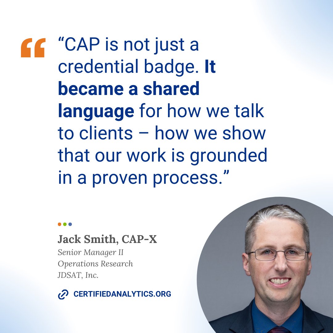 How does CAP certification benefit your daily work?

For Jack Smith, it transformed his team communication. As a retired <a href="/uscoastguard/">U.S. Coast Guard</a> officer, he used CAP to bridge military planning and civilian analytics. 

His story is worth the read (via <a href="/INFORMS/">INFORMS</a>): bit.ly/4rvM3e1