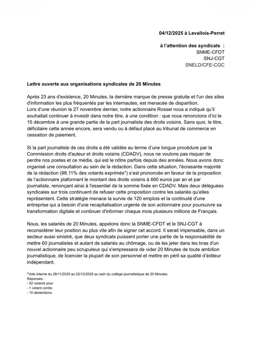 Bonjour <a href="/BinetSophie/">Sophie Binet</a> et <a href="/MaryliseLeon/">Marylise Léon</a>, les salariés de <a href="/20Minutes/">20 Minutes</a> ont besoin de vous. 
Nos syndicats, la <a href="/SnjCgt/">SNJ-CGT (rejoignez-nous !)</a> et la SNCME <a href="/CFDT/">CFDT</a>, refusent d'écouter les salariés et mettent en danger l'avenir de nos emplois et notre média. 
⤵️