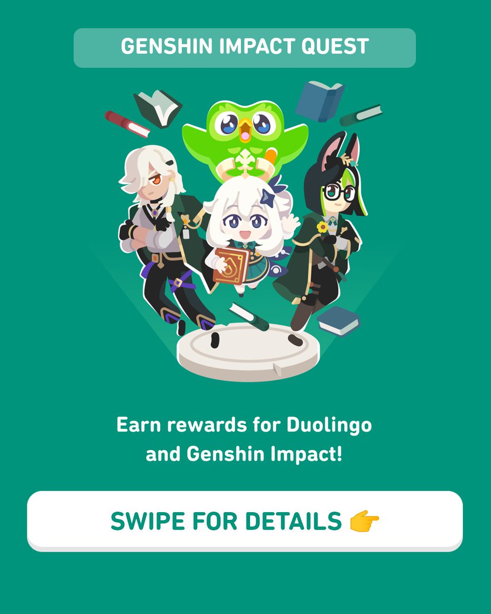 duolingo's tweet image. travelers, want to participate in the Genshin Impact x Duolingo quest? earn gems and an exclusive Genshin Impact reward bundle by extending your streak🔥

limited time only, available 12/8/25 - 12/27/2025

#Genshinlingo #GenshinImpact #GenshinxDuolingo #duolingo