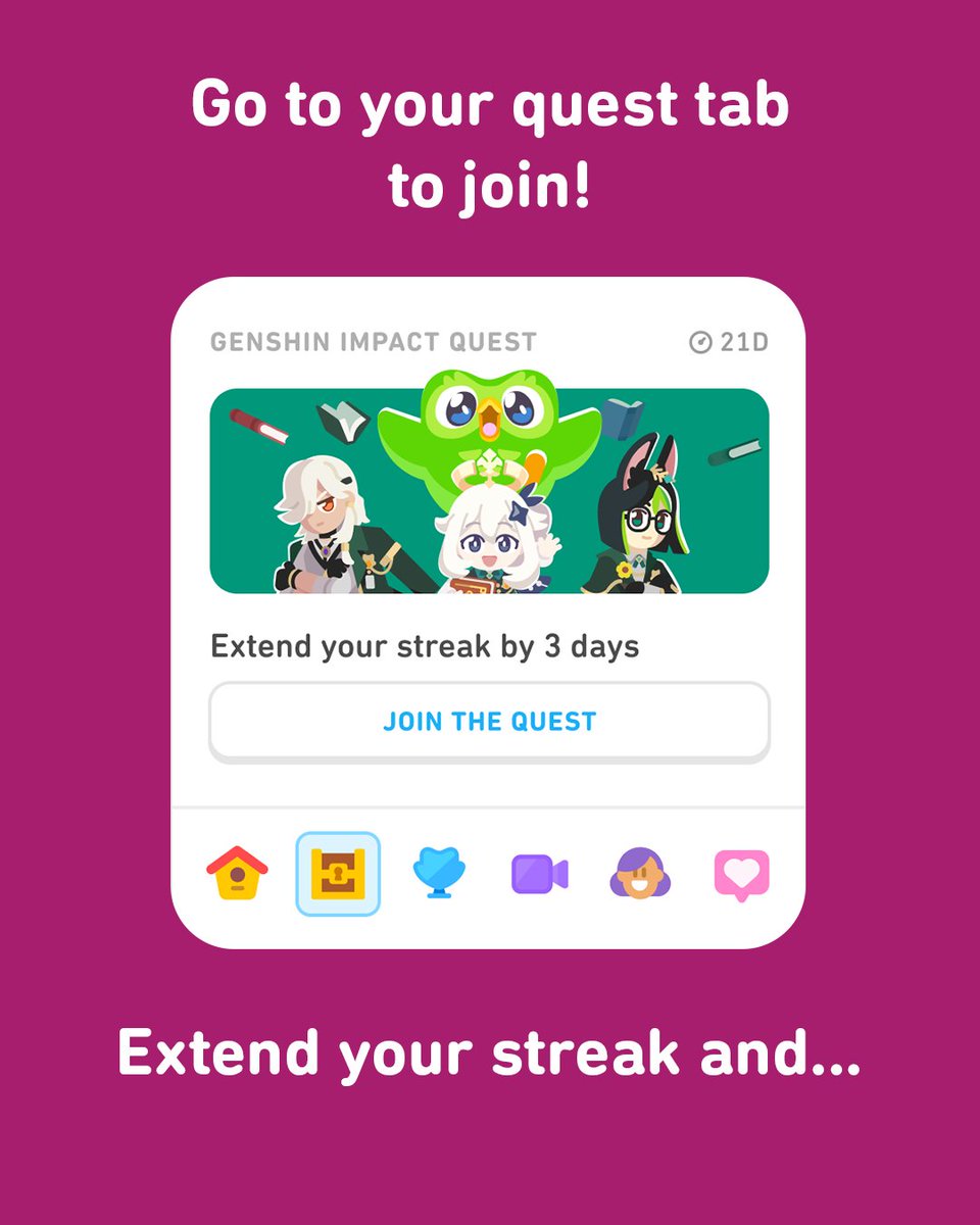 duolingo's tweet image. travelers, want to participate in the Genshin Impact x Duolingo quest? earn gems and an exclusive Genshin Impact reward bundle by extending your streak🔥

limited time only, available 12/8/25 - 12/27/2025

#Genshinlingo #GenshinImpact #GenshinxDuolingo #duolingo