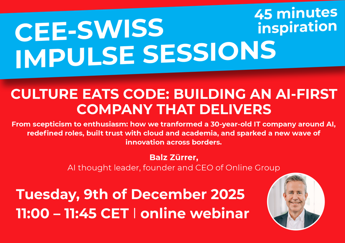 swissaal's tweet photo. Swiss Albanian Chamber of Commerce is pleased to invite you to the next CEE–Swiss Impulse Session, a 45-minute online webinar dedicated to one of today’s most relevant topics: Building an AI-first company that truly delivers.

For more information: info@swissa.al https://t.co/FeYTky4SLm