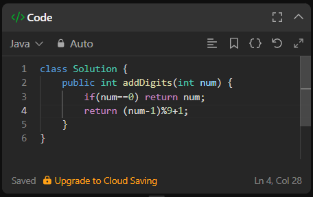 Shubhampateldev's tweet image. Day 80/365 – #365DaysOfLeetCodeChallenge
“Add Digits” ➕
Digital root trick: (num - 1) % 9 + 1 → O(1), no loops, clean math.
#leetcode #java #DSA #coding #programming