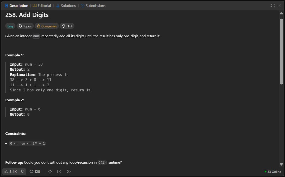 Shubhampateldev's tweet image. Day 80/365 – #365DaysOfLeetCodeChallenge
“Add Digits” ➕
Digital root trick: (num - 1) % 9 + 1 → O(1), no loops, clean math.
#leetcode #java #DSA #coding #programming