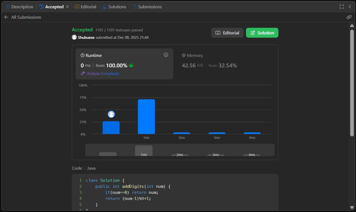 Shubhampateldev's tweet image. Day 80/365 – #365DaysOfLeetCodeChallenge
“Add Digits” ➕
Digital root trick: (num - 1) % 9 + 1 → O(1), no loops, clean math.
#leetcode #java #DSA #coding #programming