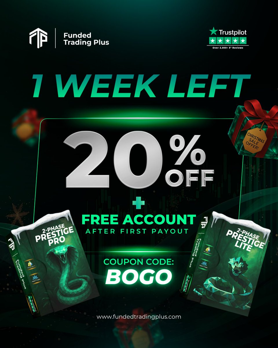 DArfahmisau's tweet photo. 💰 THE ULTIMATE FUNDING DEAL IS HERE! BOGO CHALLENGE

Stop waiting for 2026. @FundedTradingP is offering 20% OFF the Prestige Lite and Pro challenges, AND a FREE account of the same size when you get your first payout.

For a limited time:
🎁 BUY ONE, GET ONE FREE CHALLENGE! (Same size, after first payout)
➕ 20% OFF the initial cost.

Why choose Funded Trading Plus?
•Static Drawdown: Easier risk management.
•Fast 5-Day Withdrawals.
•Free Scaling Boost on your funded account.
   This offer ends next Sunday, December 14th!
👇 Claim your BOGO Deal today 👇
https://t.co/EnKoX8Xv3a
Code: BOGO
