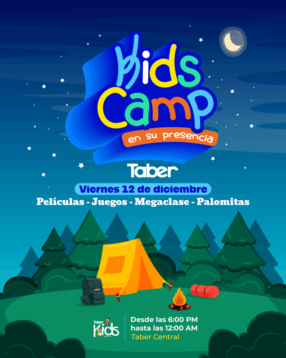 🌙🔥 🏕✨¡El Kids Camp en Su Presencia está por comenzar! 🔥🌙

Este viernes 12 de diciembre, tus peques vivirán una noche llena de diversión, risas y aprendizaje en la presencia de Dios.

🎬🍿 Películas, juegos, megaclase y muchas palomitas ¡todo en un solo lugar #TaberKids !