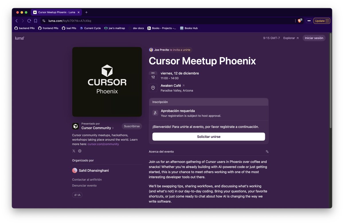 ¡Amigos de Arizona!

 ¡Organizaremos una reunión de @cursor_ai este viernes!

 Dónde: Awaken Cafe
 Cuándo: 11 a. m. a 2 